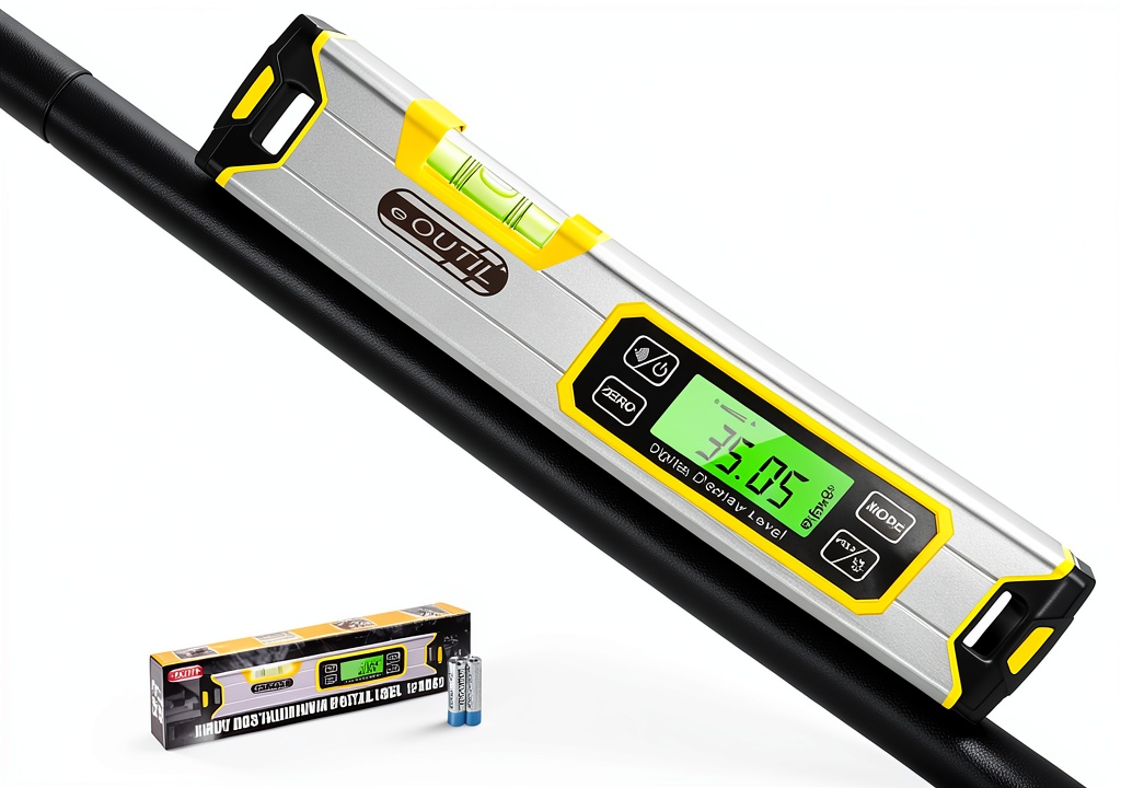eOUTIL digital level displaying angle measurement on a metal surface