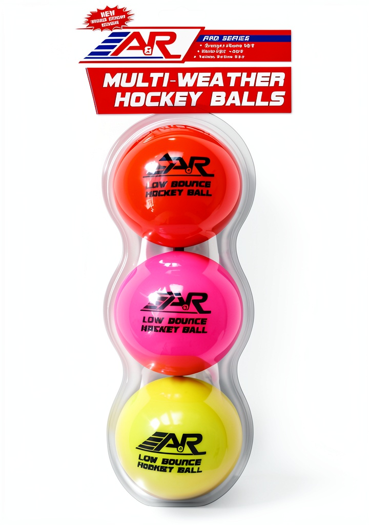A&R Collectibles hockey balls in red and yellow on a roller hockey surface