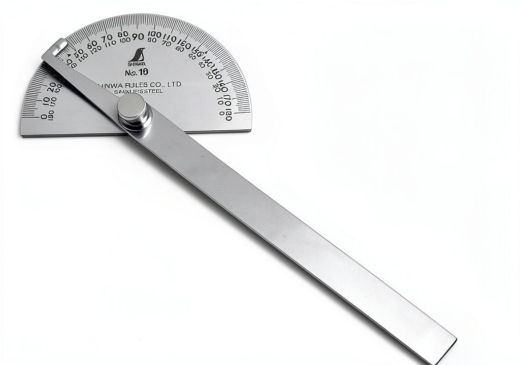 Shinwa stainless steel protractor displaying angle measurements on a blueprint