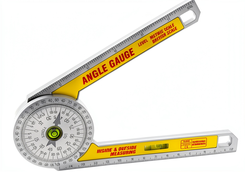 AUSDTOOLS protractor displaying angle measurements on a workbench