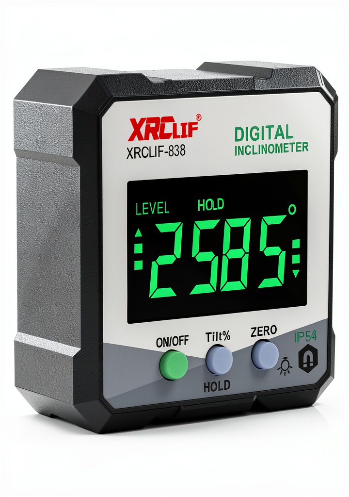 'XRCLIF digital protractor measuring an angle on a metal surface'