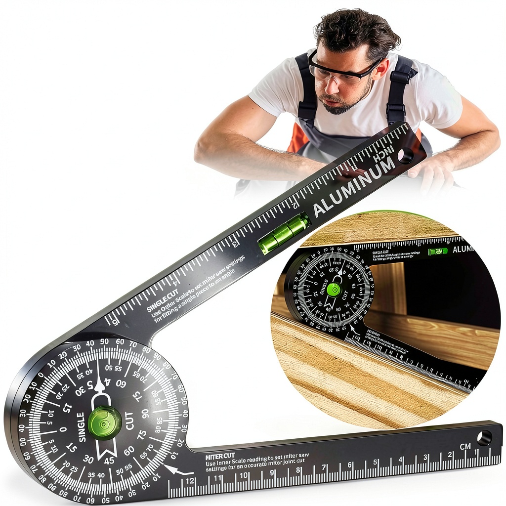Miotorio miter saw protractor showing laser-engraved scales and aluminum alloy construction
