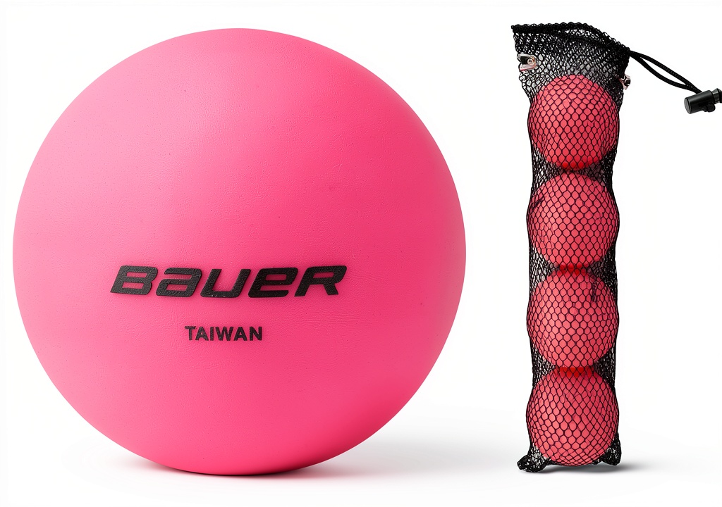 Nike No Bounce Hockey Balls in pink displayed on a hockey rink