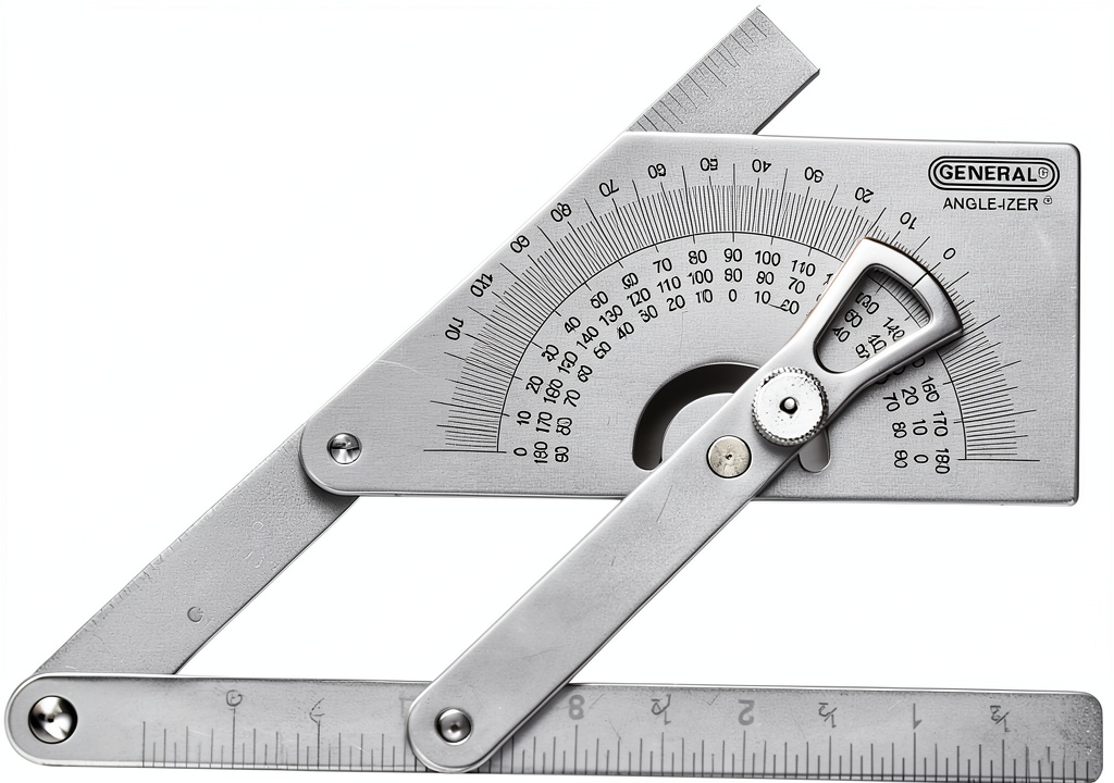 'General Tools Stainless Steel Protractor displaying angle measurements on a workbench'