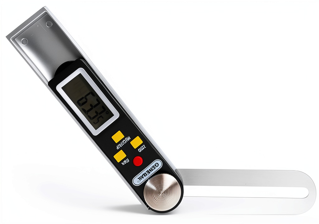 'General Tools Digital Angle Gauge displaying an angle measurement on wood'