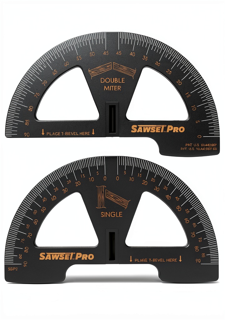 Sawset protractor tool measuring a miter angle on crown molding