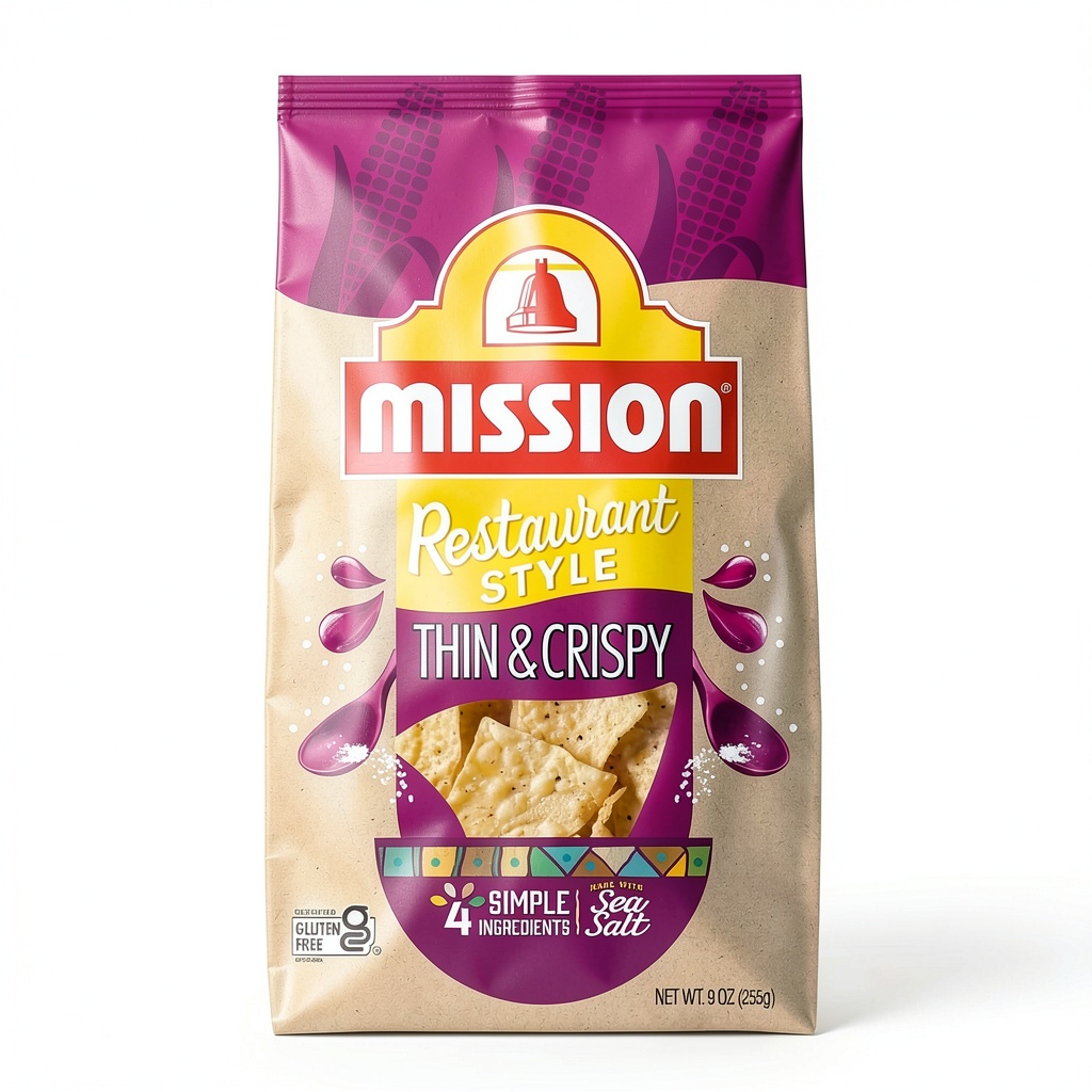 Mission Thin & Crispy Tortilla Chips displayed in a bowl with dip