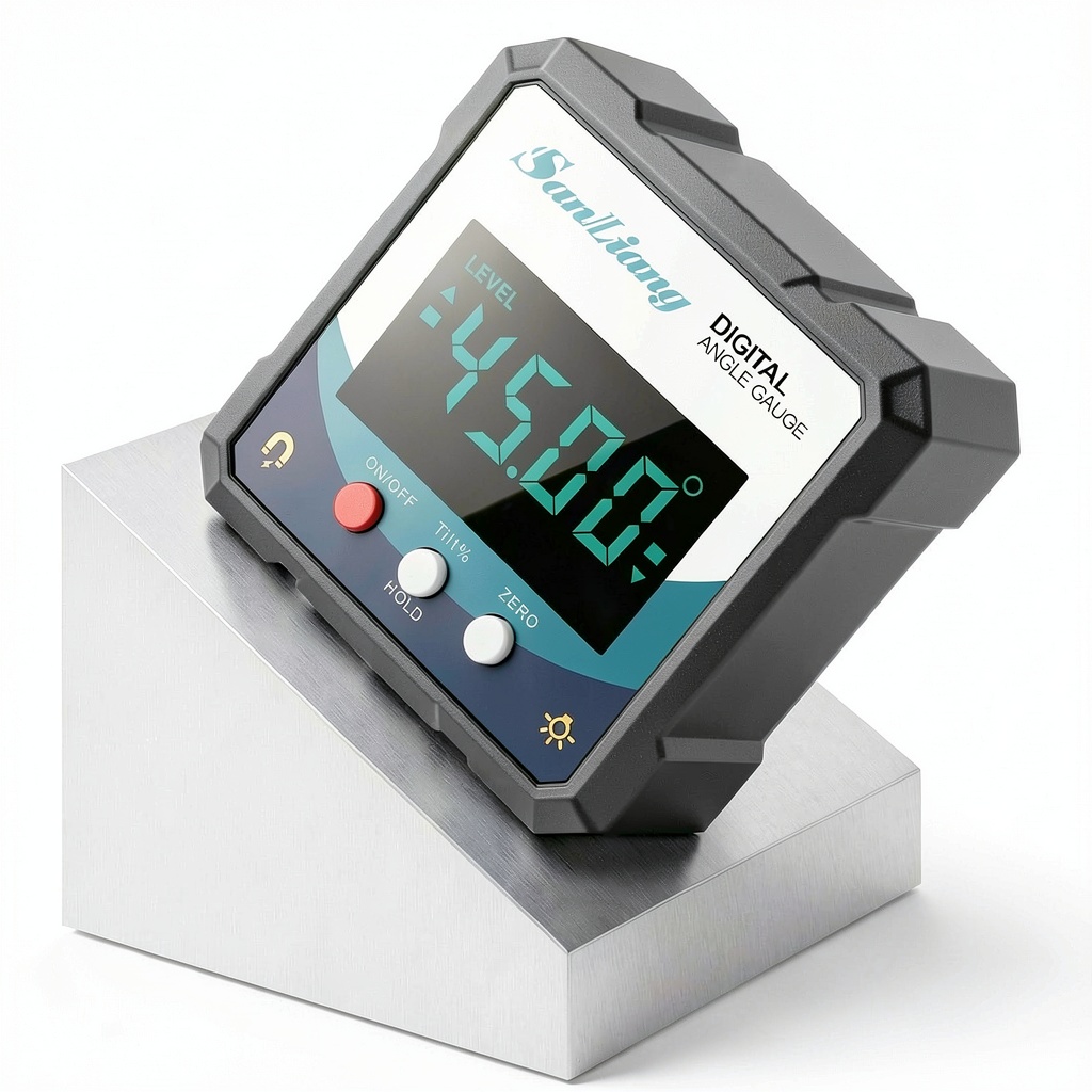 SanLiang digital angle gauge displaying angle measurement on metal surface