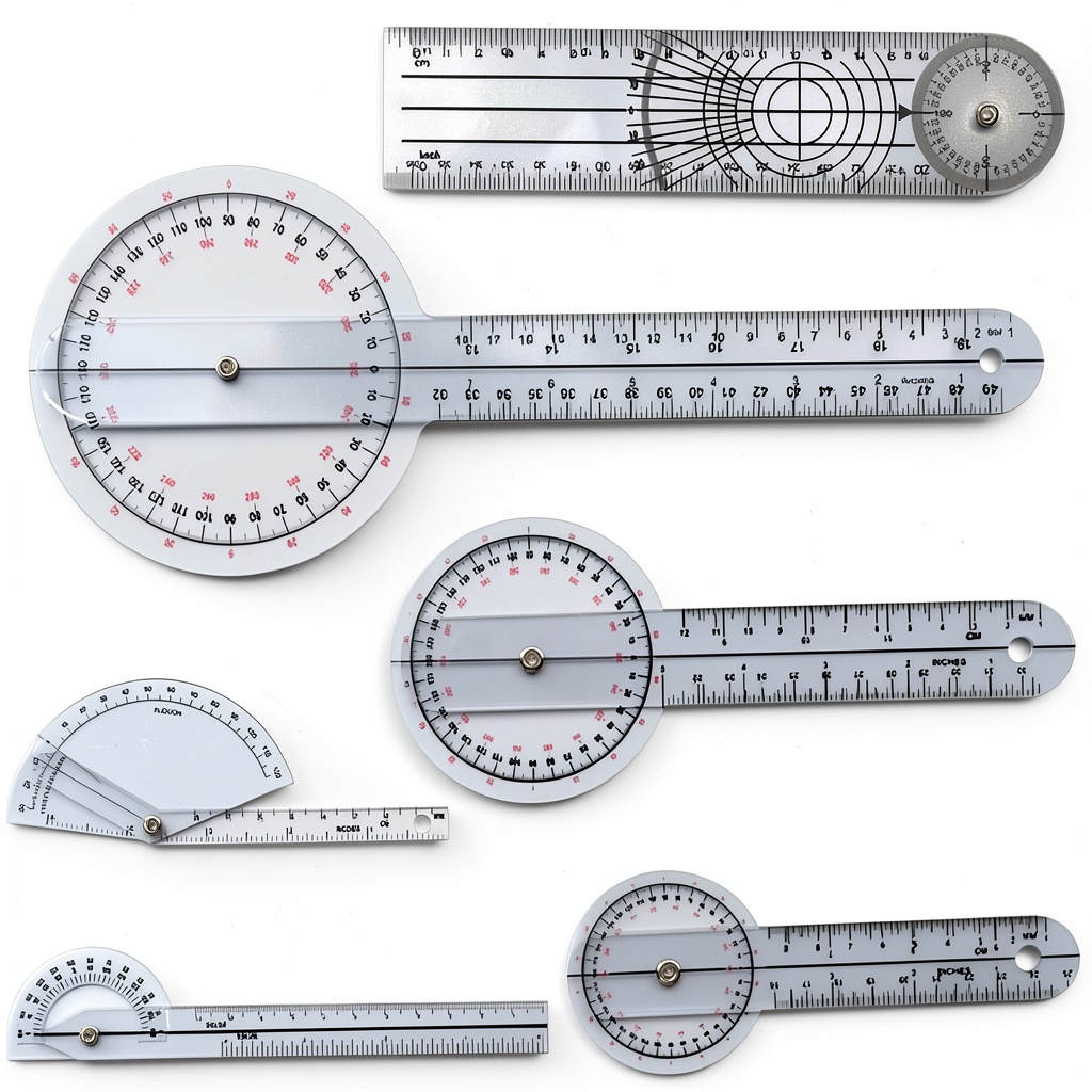Worutuk goniometer set displaying transparent rulers on a medical table