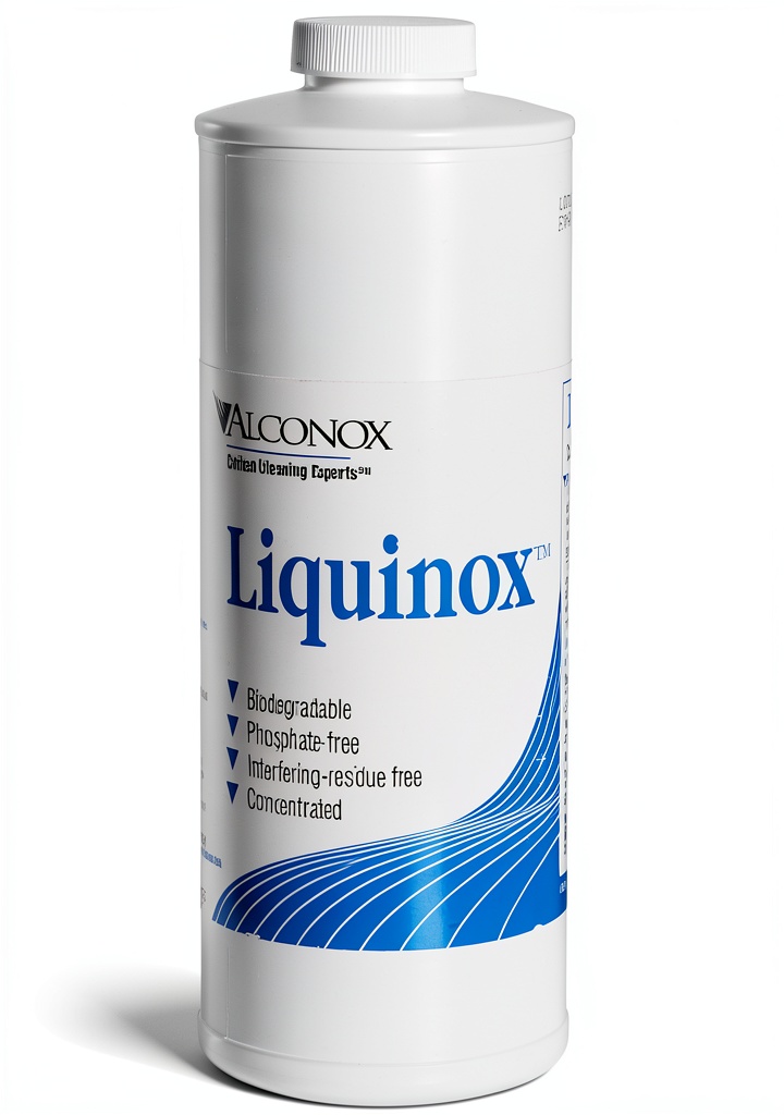 Alconox detergent being poured into an ultrasonic cleaning tank